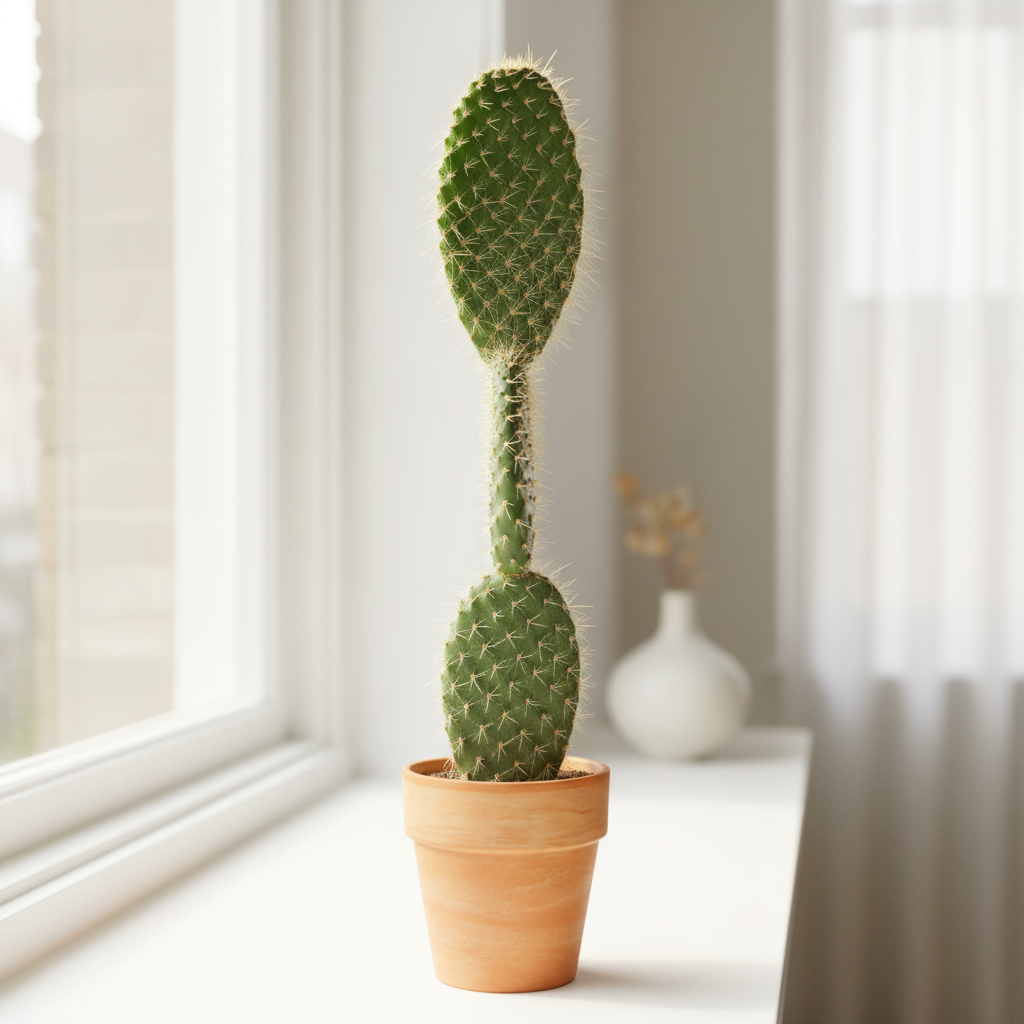 Bunny Ears Cactus in a terracotta pot on a bright sunny windowsill with even natural light