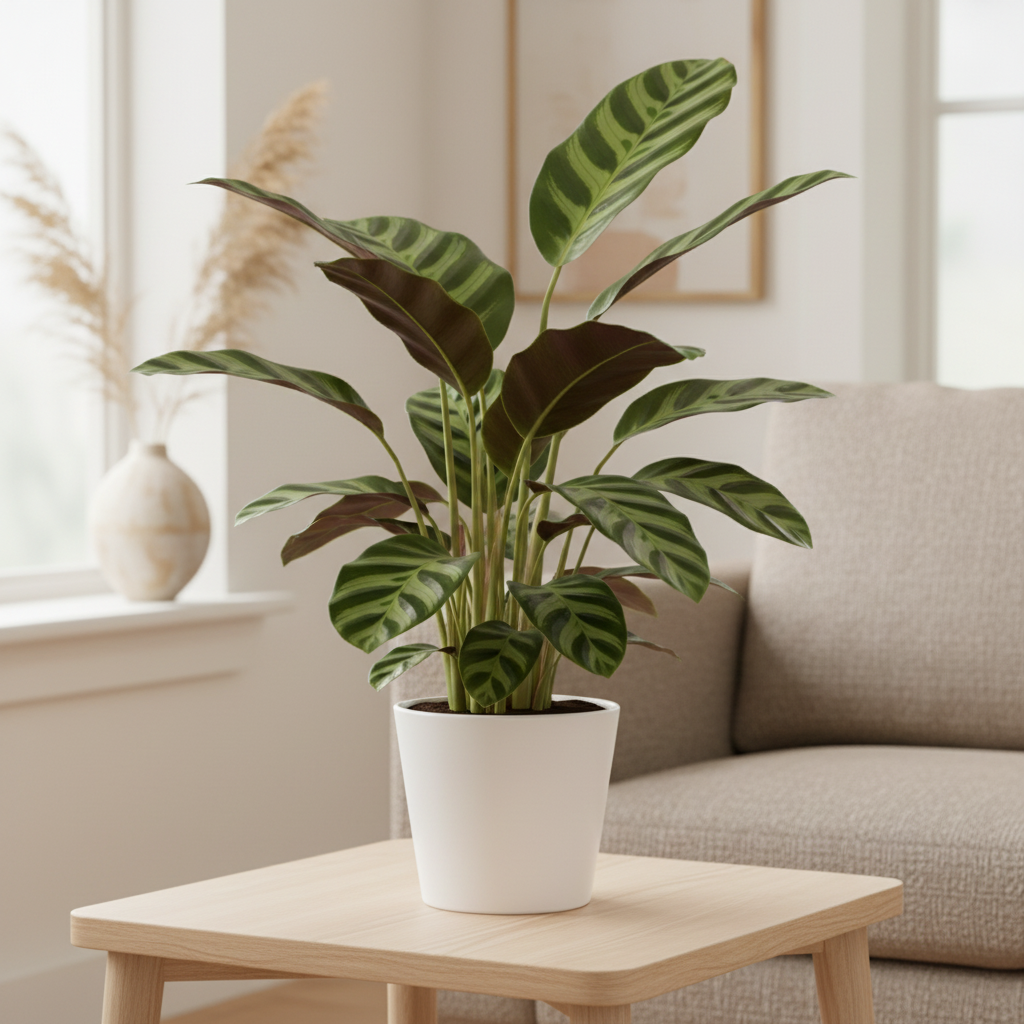 Calathea Louisae Prayer Plant in a white ceramic pot on a light wood shelf with dark patterned leaves in soft natural light