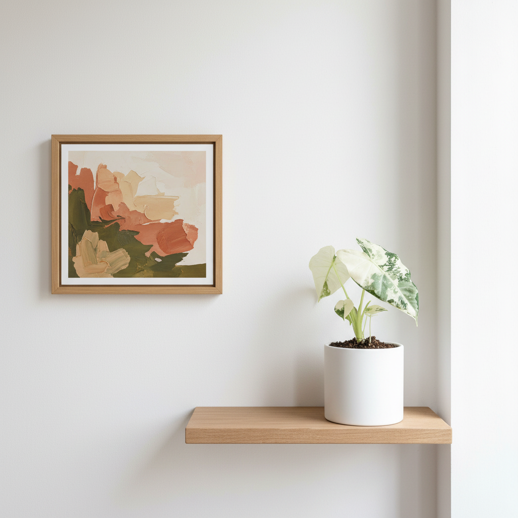 Alocasia Frydek Variegata in a white ceramic pot on a shelf corner with a framed art print on the wall