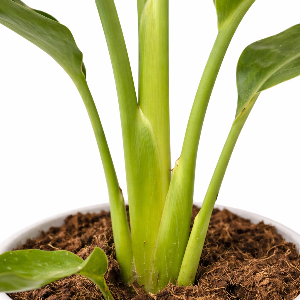 Potted plant with green leaves and brown soil on a white background