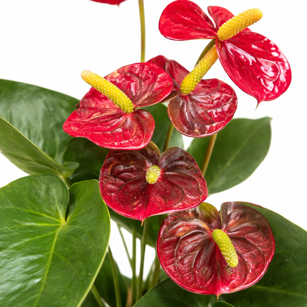 Red Anthurium plant with green leaves on a white background