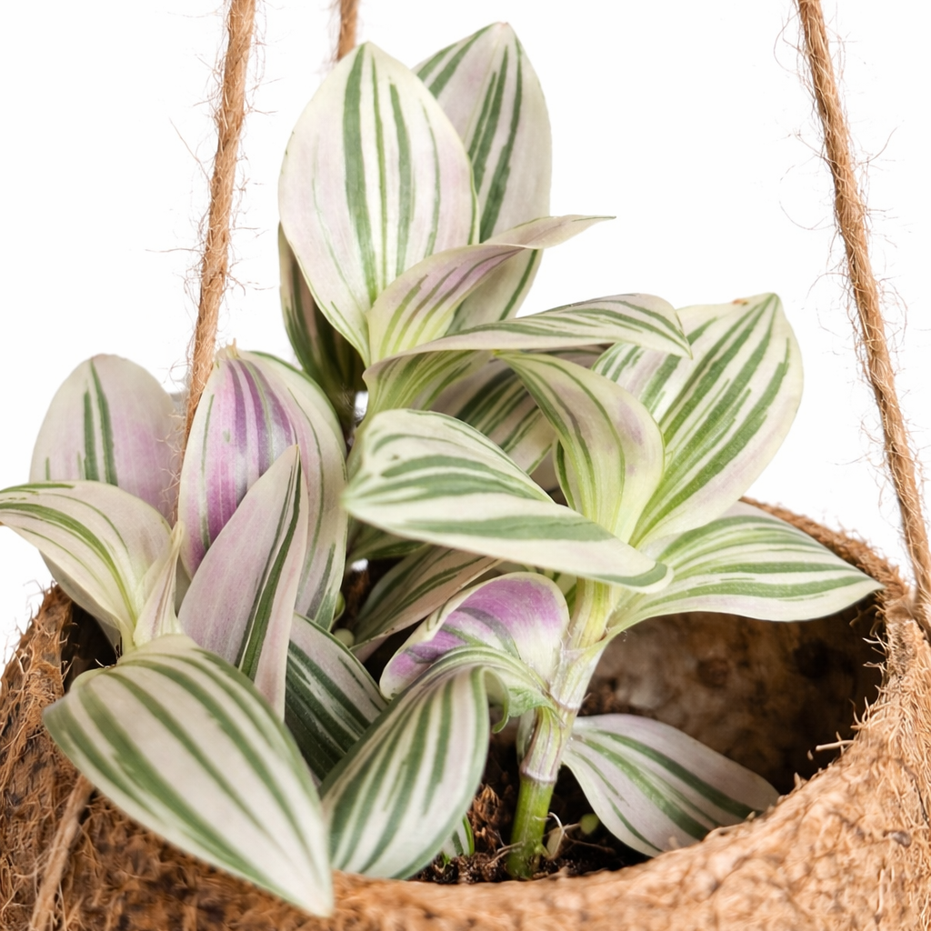 Variegated houseplant in a natural woven basket on a white background