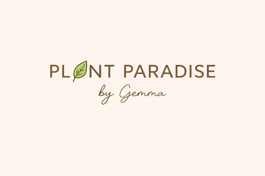 "Plant Paradise by Gemma" writing on a beige background with the A in Plant replaced with a leaf.