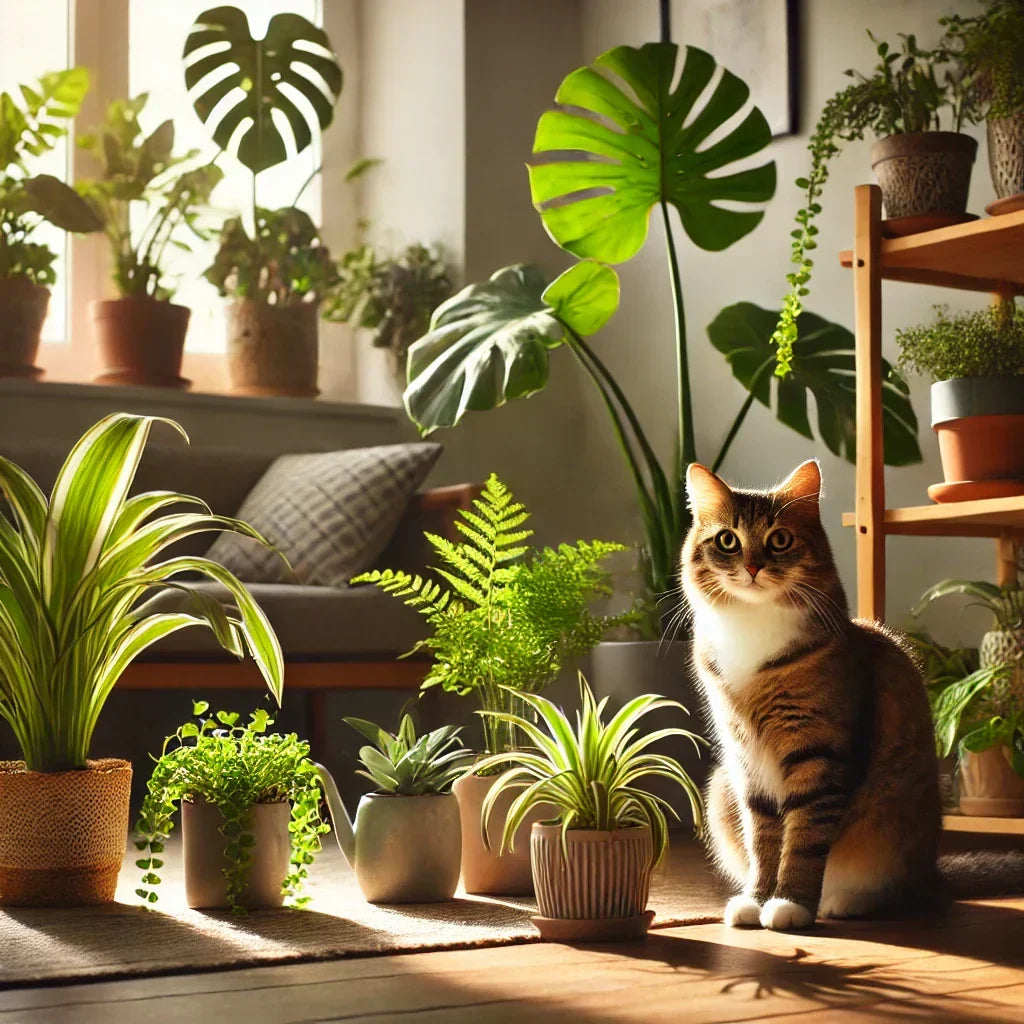 Cat surrounded by houseplants