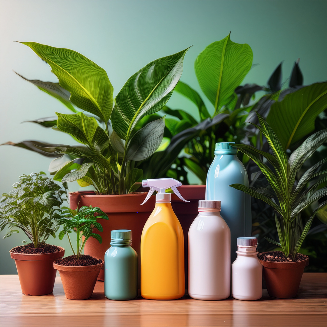 selection of houseplants with spray bottles situated in front of the plants. 