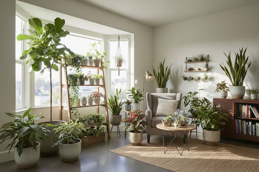 a light room filled with houseplants on every surface with different coloured and textured and styled leaves.
