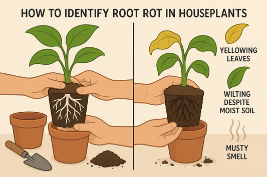 cartoon image with the words "How to Identify Root Rot in Houseplants" at the top and images of plants with their roots exposed