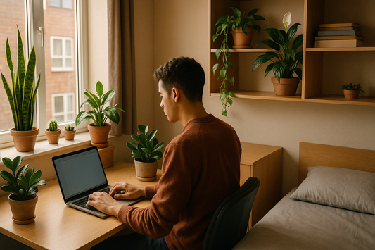 student sat at a desk typing on a laptop with houseplants dotted around on shelf, windowsill and desk. 