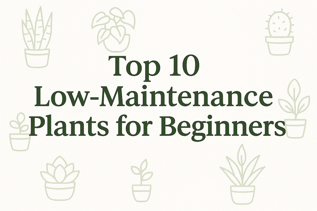 light coloured background with the words "Top 10 Low-Maintenance Plants for Beginners" with faint line images of houseplants surrounding it