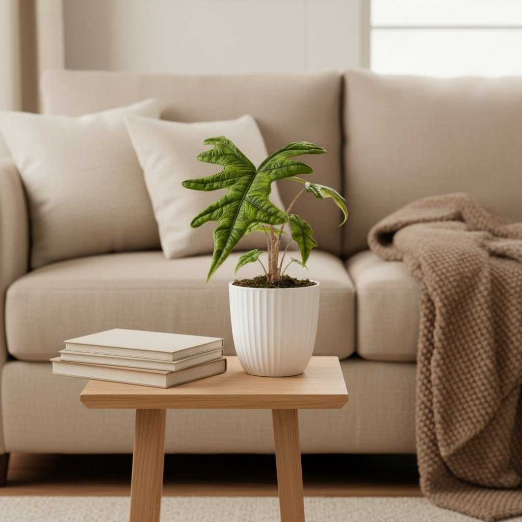 Alocasia Jacklyn in a white dimpled ceramic pot on a side table with books, linen sofa in background