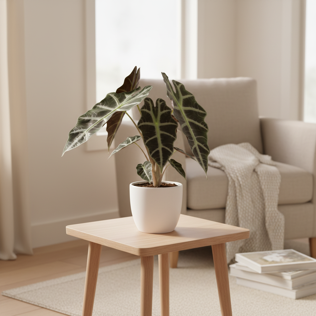 Alocasia Polly houseplant in a white ceramic pot on a light wood side table in a bright UK living room
