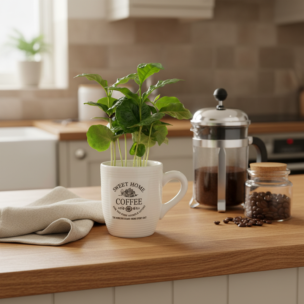 Arabica Coffee Plant in a ceramic mug styled on a kitchen worktop with a cafetière and coffee beans
