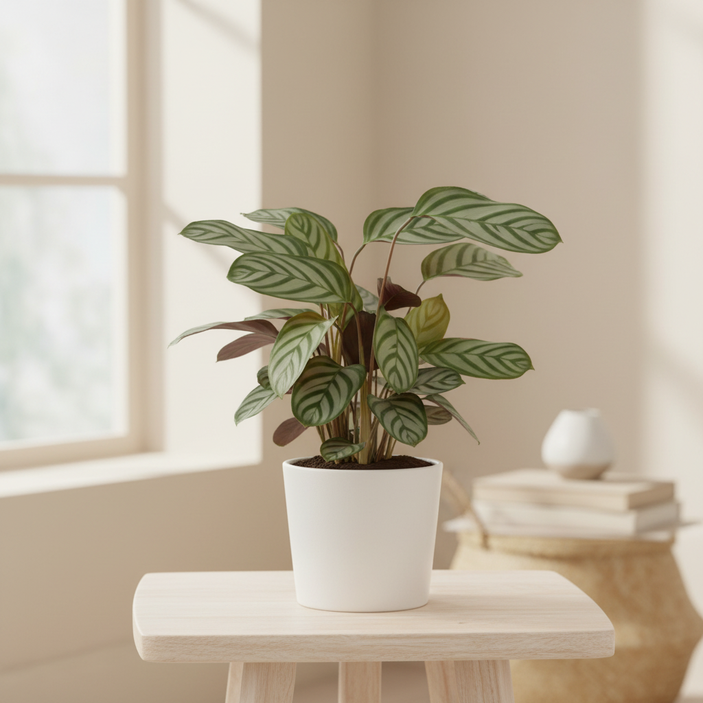 Calathea Compact Star Prayer Plant in a white ceramic pot on a light wood shelf with bold striped foliage in soft natural light