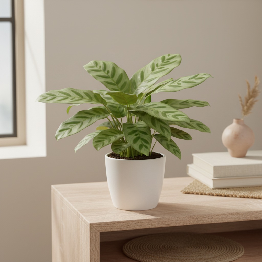 Calathea Freddie Prayer Plant in a white ceramic pot on a light wood shelf with feathery striped leaves in soft natural light