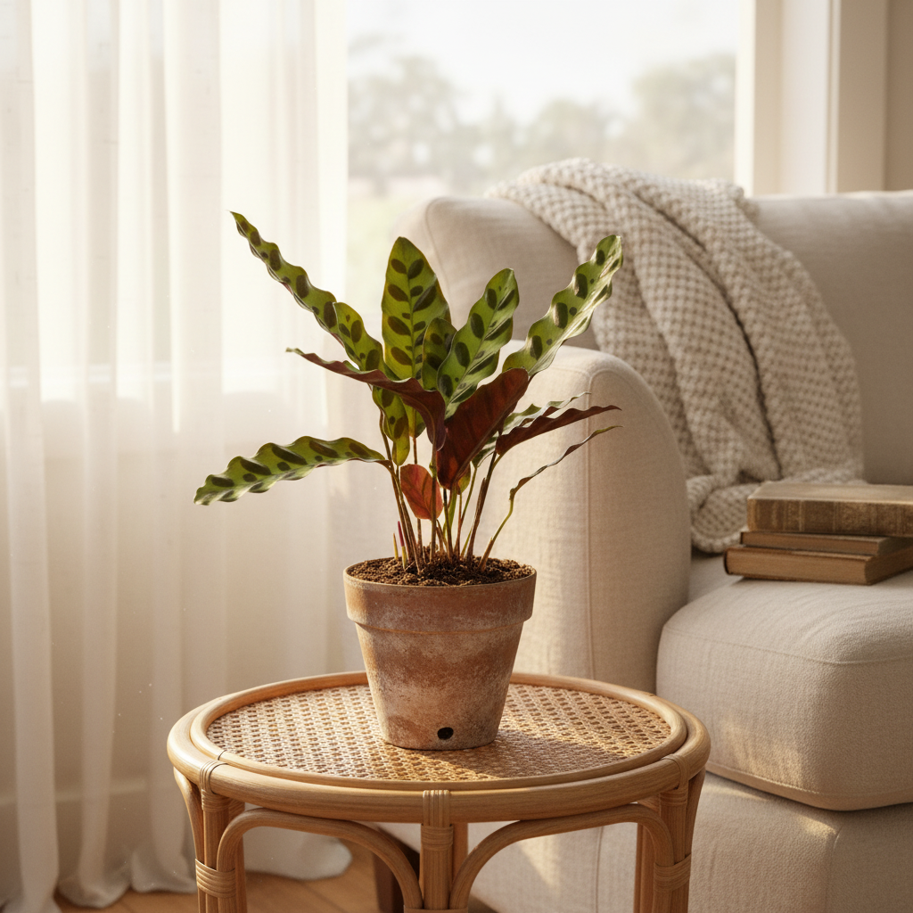 Small Calathea Rattlesnake in a terracotta pot on a rattan side table in a cosy UK living room with warm golden afternoon light