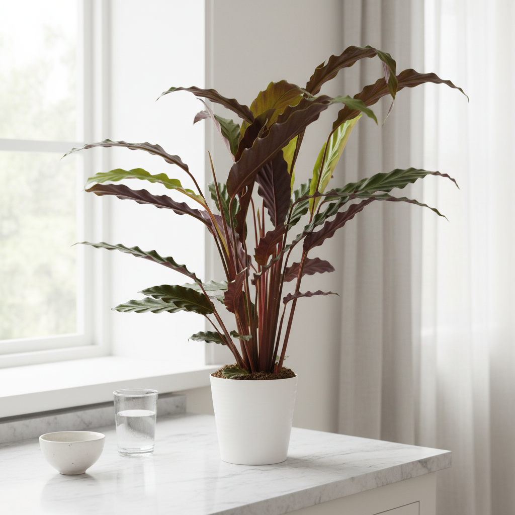 Calathea Rufibarba Prayer Plant in a pot on a marble surface in a bright modern kitchen setting with clean white tones