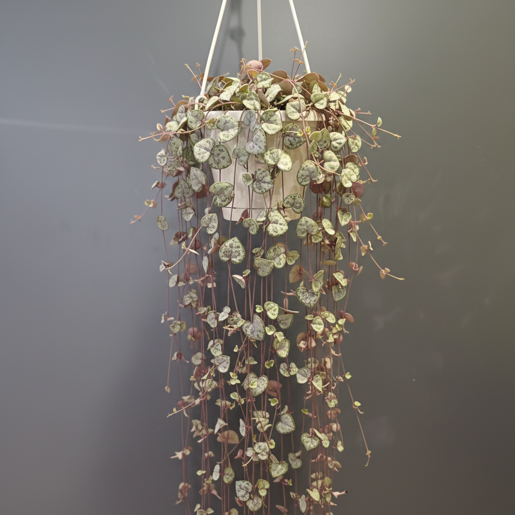 Close-up side-on view of a String of Hearts plant with delicate heart-shaped vines spilling over the rim of a 14cm pot
