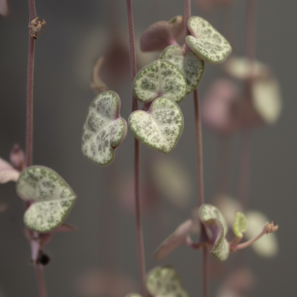 Close-up of Ceropegia woodii String of Hearts leaves showing silver and green marbling with purple undersides