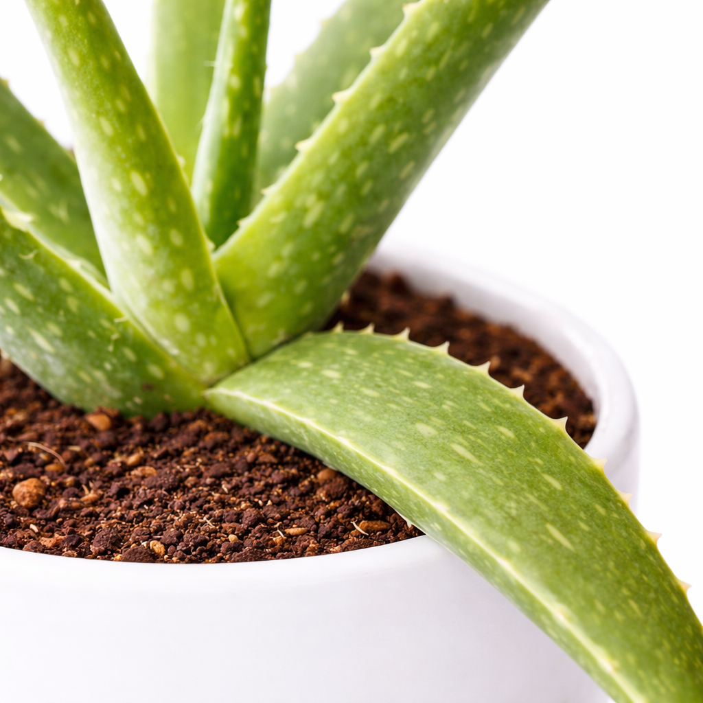 Close-up of a potted aloe vera plant with green leaves and brown soil.