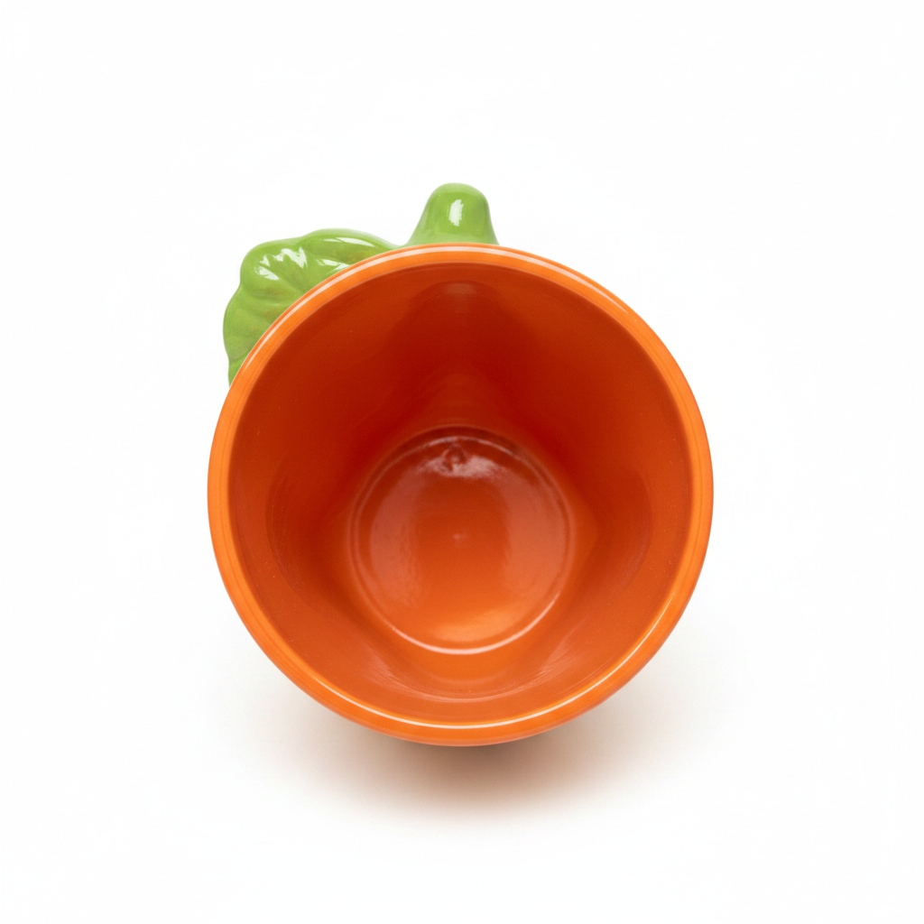 Top-down view inside a ceramic pumpkin plant pot showing the hollow interior with a solid flat bottom and no drainage hole