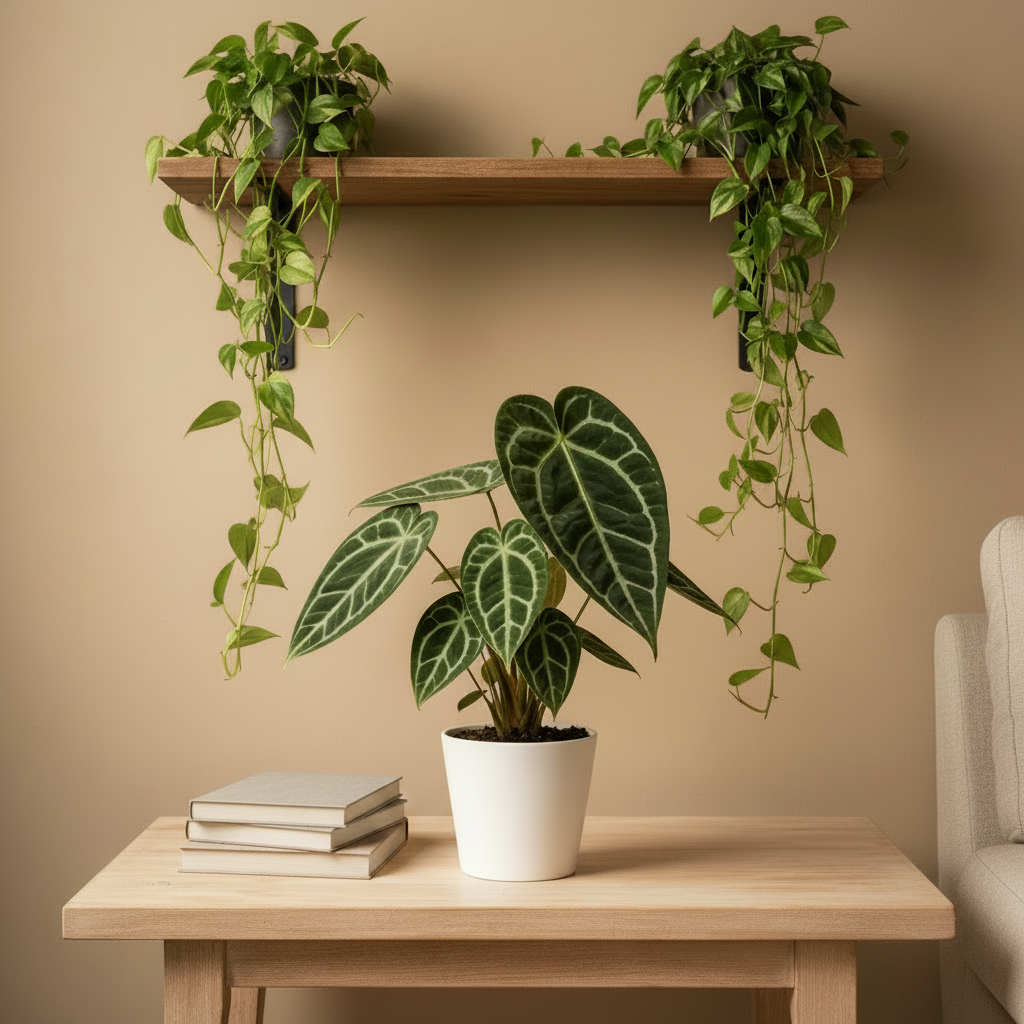 Anthurium Chrystallinum in a white ceramic pot on a table with books, trailing plant on shelf behind, linen sofa to the right
