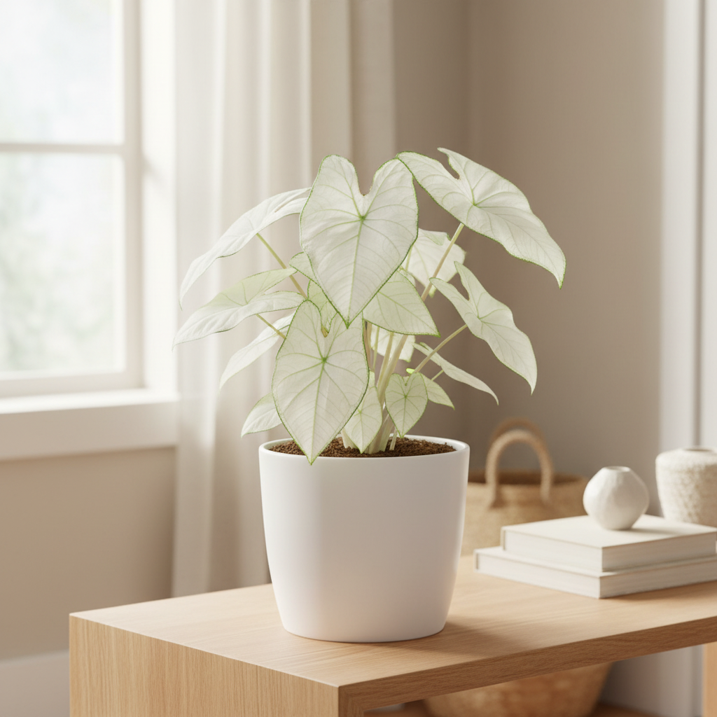 Caladium Florida Moonlight houseplant in a white ceramic pot with luminous white leaves glowing in soft natural light