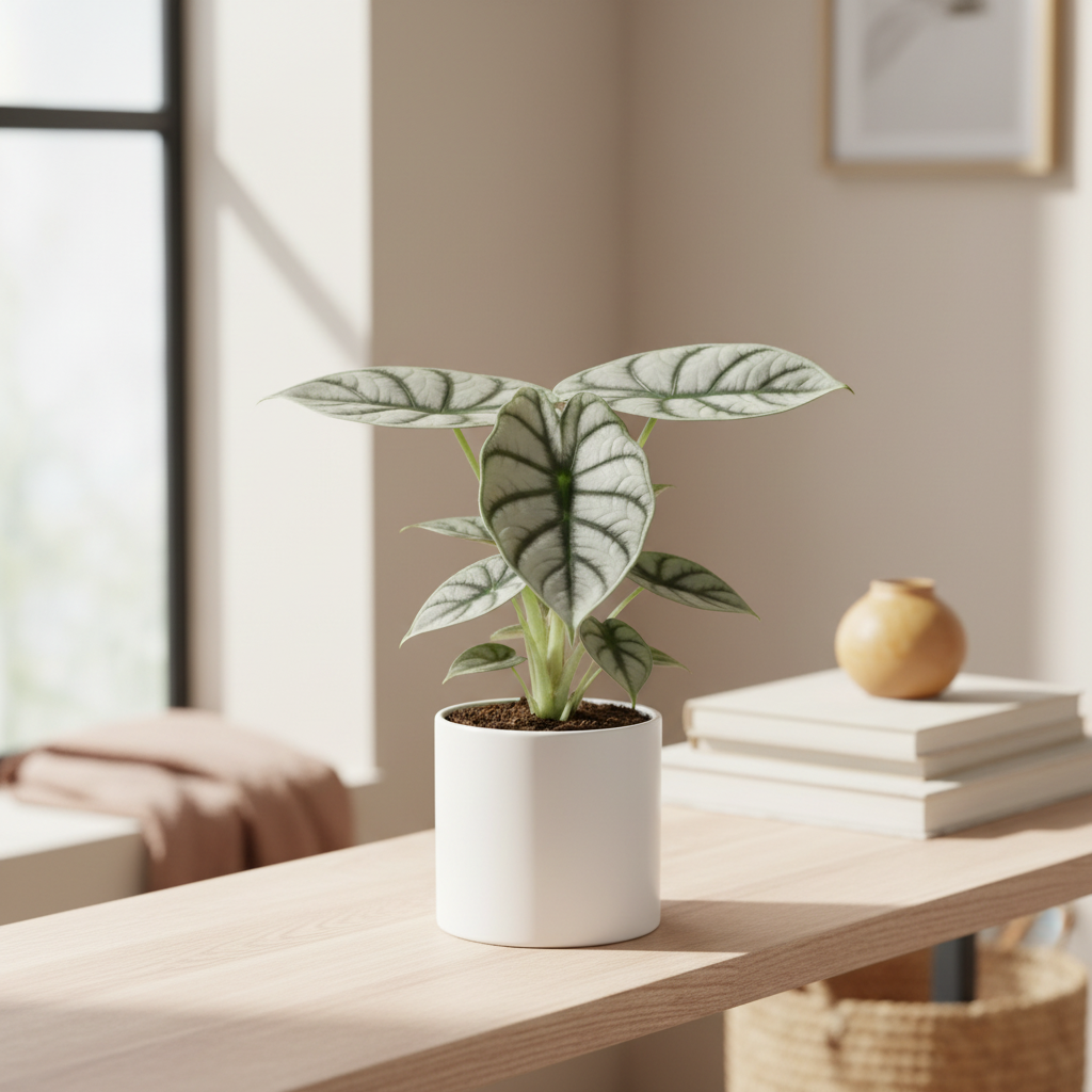 Alocasia Silver Dragon houseplant in a white ceramic pot on a light wood shelf with soft natural light highlighting its silvery foliage