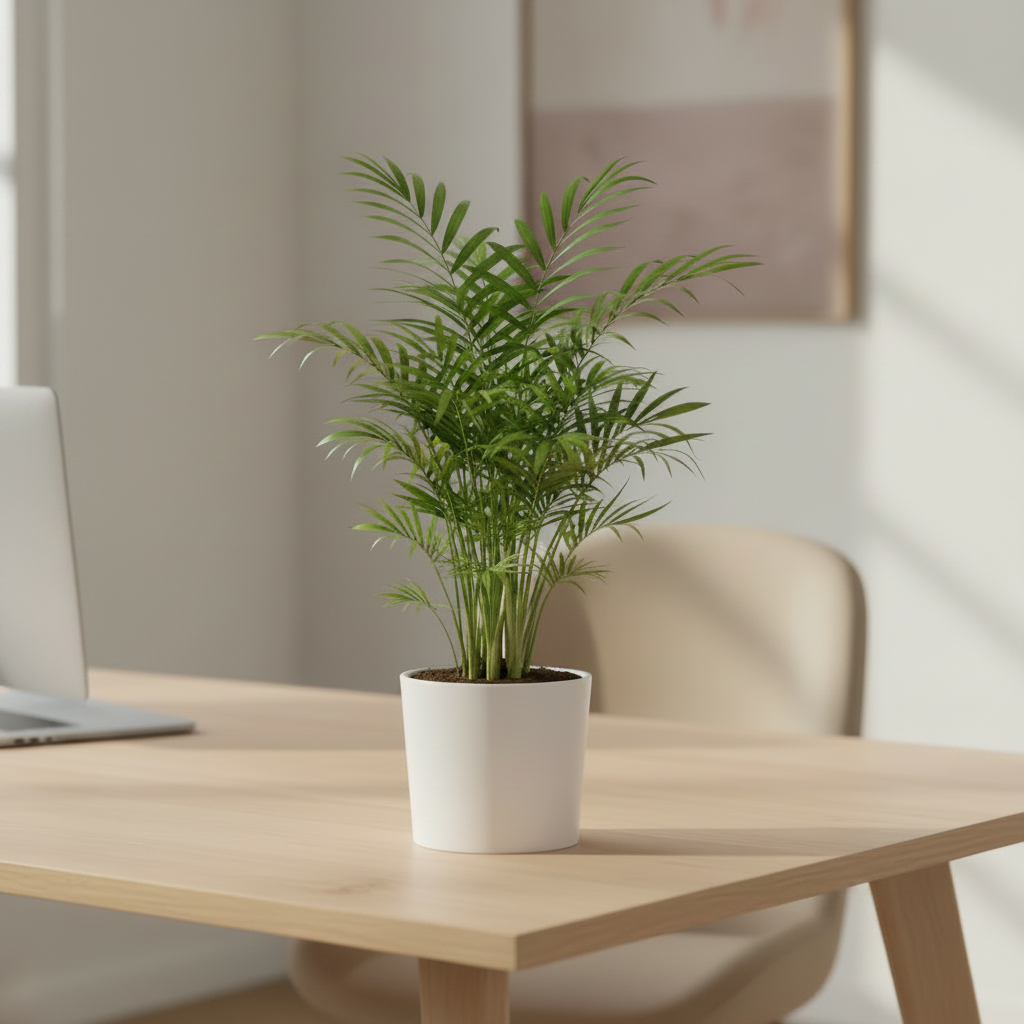 Small Parlour Palm in a white ceramic pot on a light wood desk with a laptop partially visible beside it