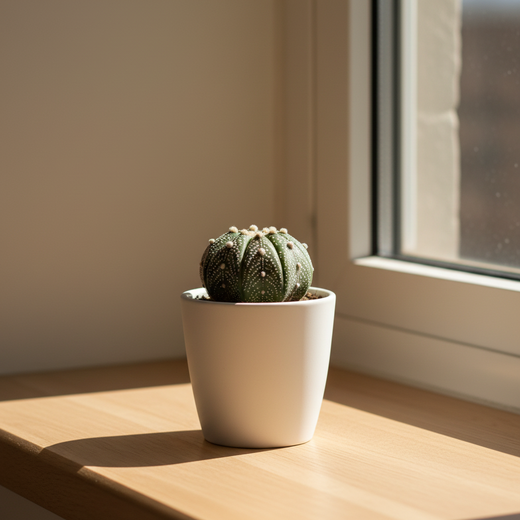 Astrophytum ornatum Monk's Hood Cactus in a white ceramic pot on a sunny south-facing windowsill with warm golden light