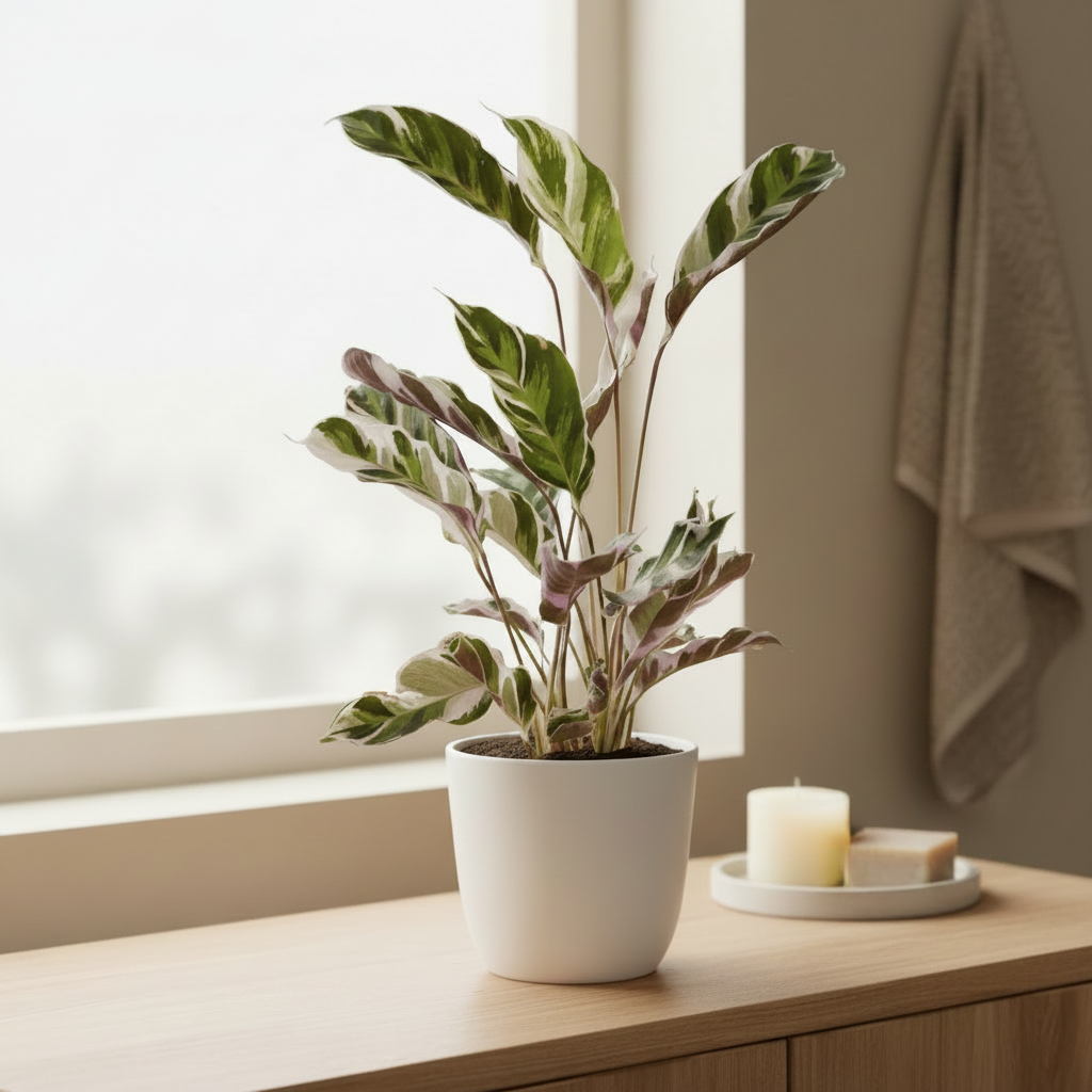 Calathea Fusion White in a white ceramic pot on a clean bathroom shelf with soft natural light