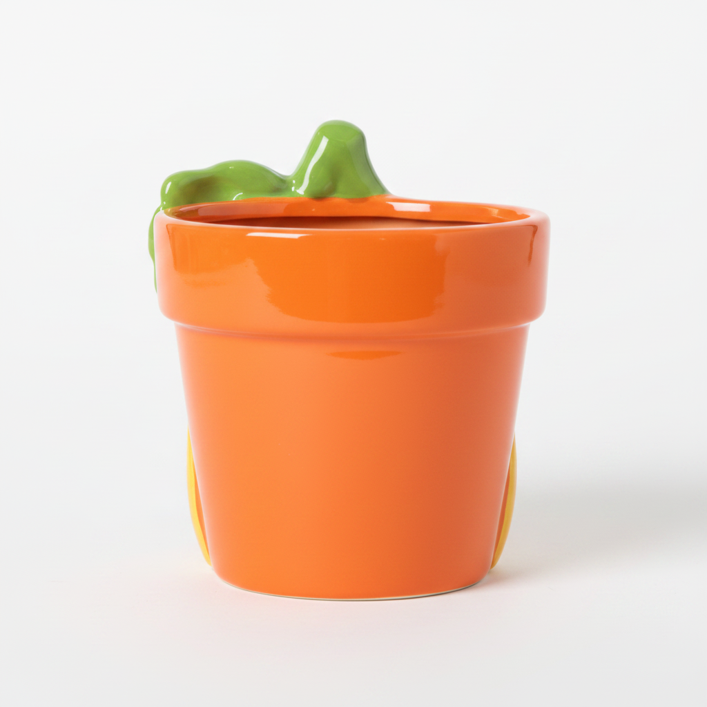 Back view of a ceramic pumpkin plant pot showing a smooth orange glossy surface with green leaf stem on top and no face