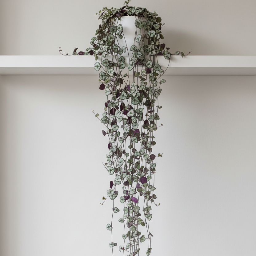 String of Hearts plant in a 14cm pot on a high shelf against a neutral wall with 1.5 metre trailing vines cascading downwards