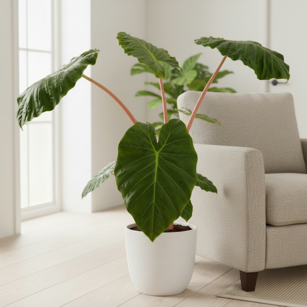 Alocasia Imperial Red in a ceramic pot situated on the floor next to a soft fabric sofa. Plant is higher than the sofa.