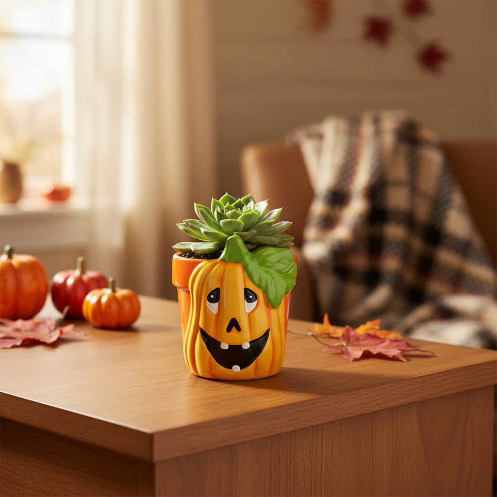 Ceramic pumpkin plant pot with goofy cartoon face and small succulent on a wooden shelf in a cosy autumn home setting