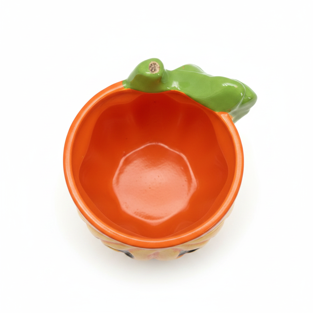 Top-down view inside a ceramic pumpkin plant pot showing the hollow interior with a solid flat bottom and no drainage hole