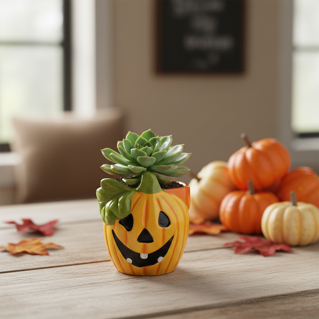 Yellow-orange ceramic pumpkin plant pot with cartoon face and small succulent on a wooden shelf in a cosy autumn home setting