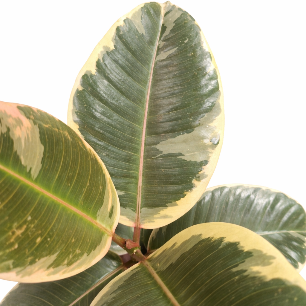 Close-up of a variegated leaf plant with green and yellow leaves on a white background