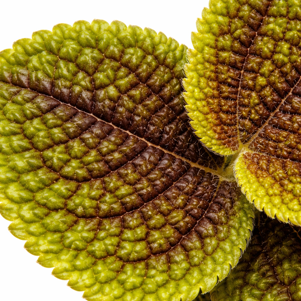 Close-up of green and brown leaves on a white background