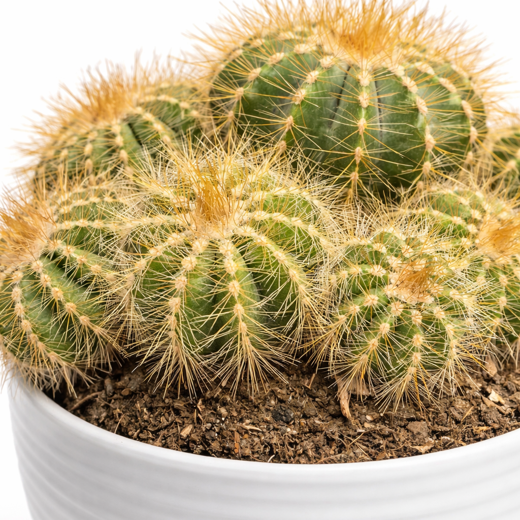 Green cactus with yellow spines in a white pot on a white background