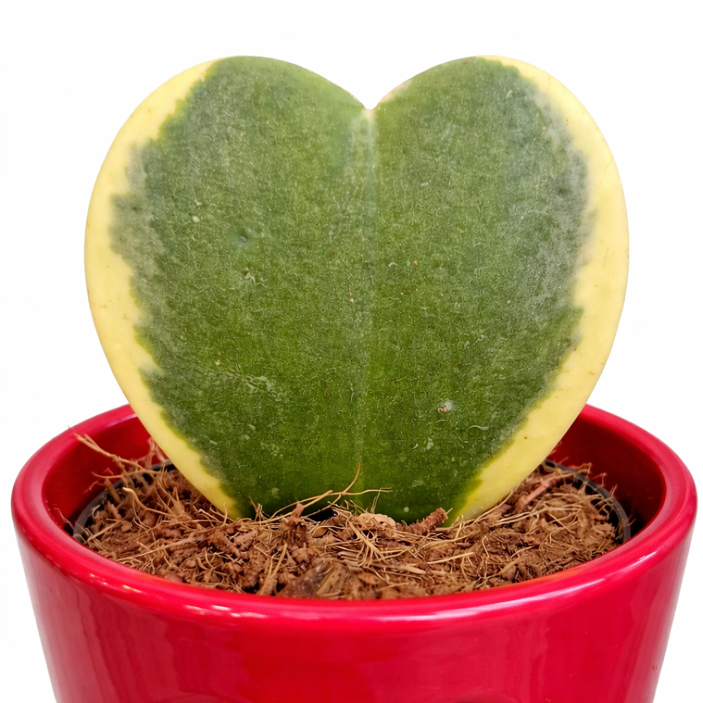 Heart-shaped green plant in a red pot on a white background