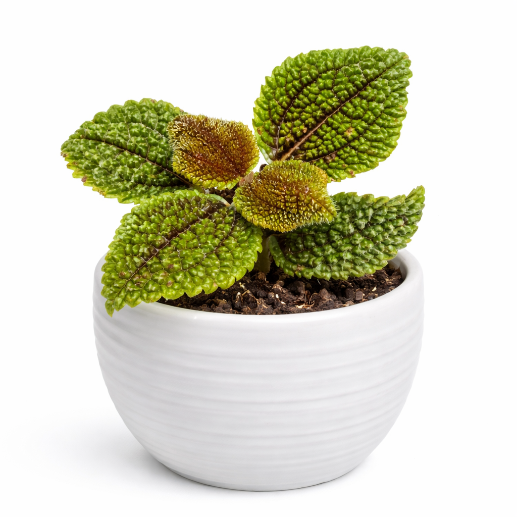 Green potted plant with textured leaves in a white pot on a white background