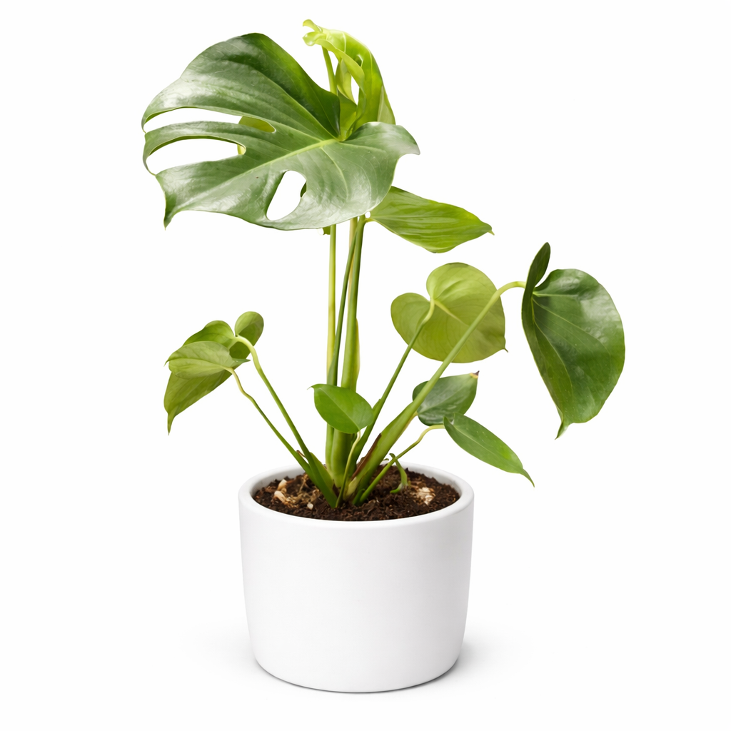 Potted plant with large green leaves on a white background