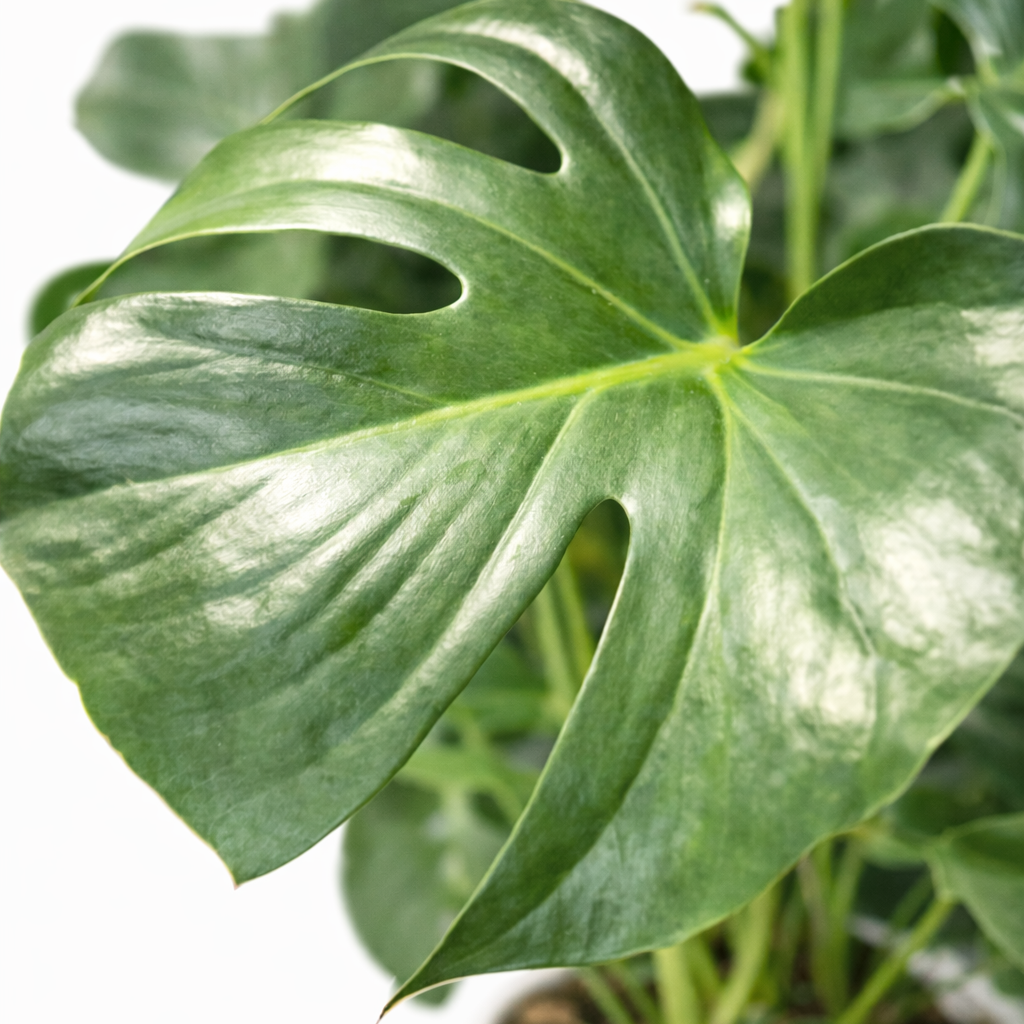 Close-up of a potted Monstera plant with large green leaves.