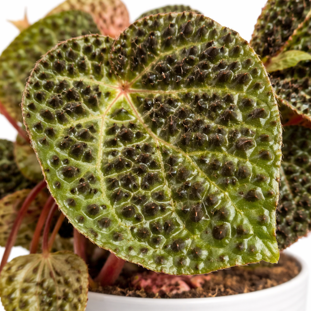 Close-up of a potted plant with textured green leaves on a white background