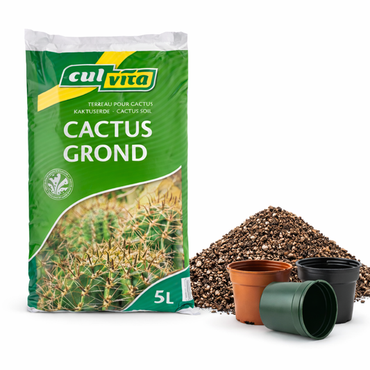 Culvita cactus soil package with cacti and pots on a white background