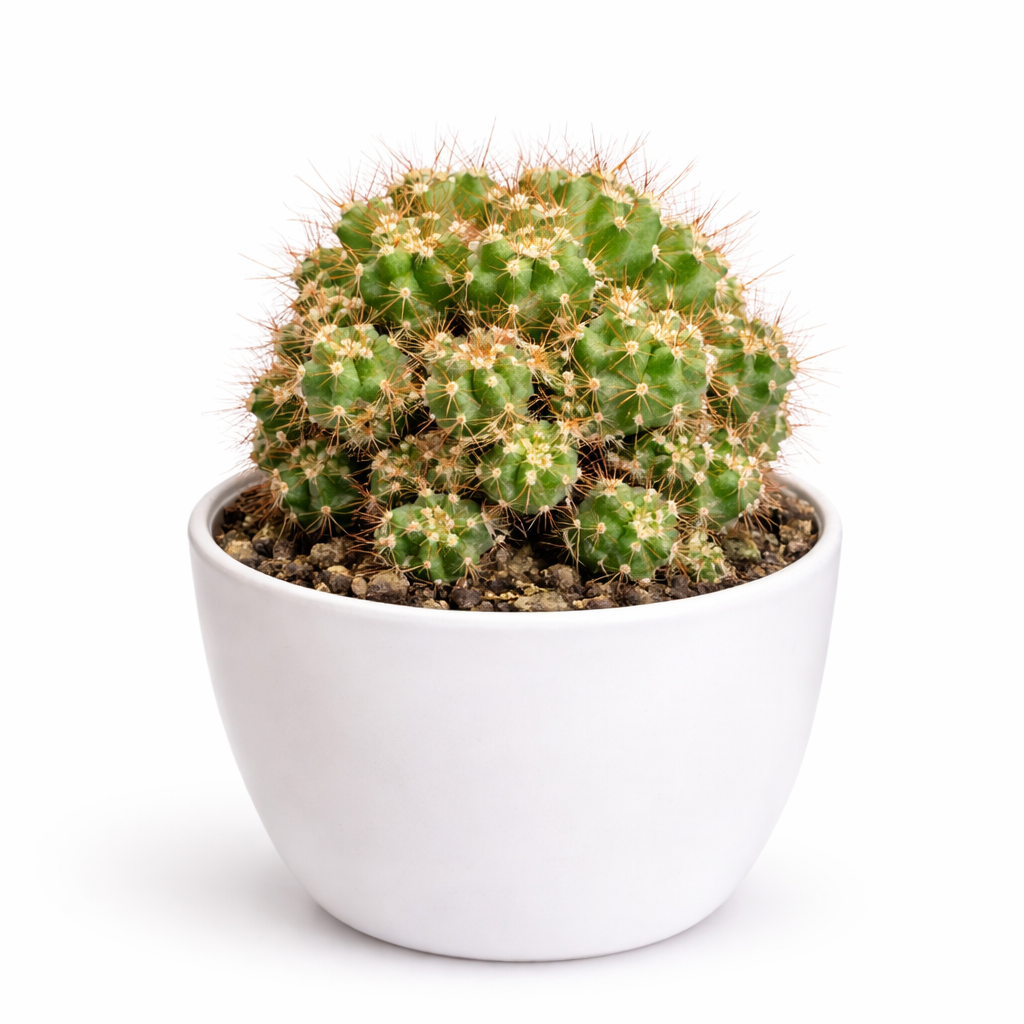 Green cactus in a white pot on a white background