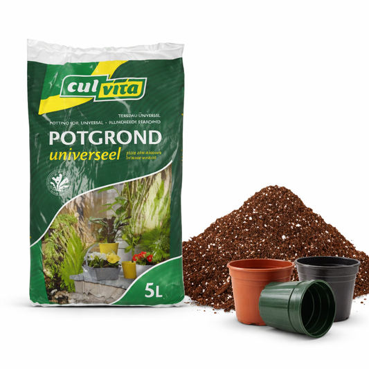 Bag of culvita potting soil with pots and soil on a white background