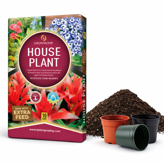 Growmoor house plant potting mix packaging with pots and soil on a white background
