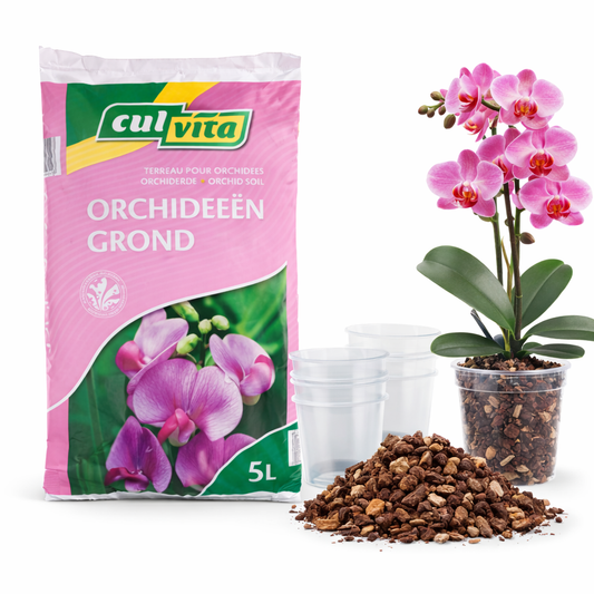 Culvita orchid growing medium with a potted orchid and orchid stones on a white background