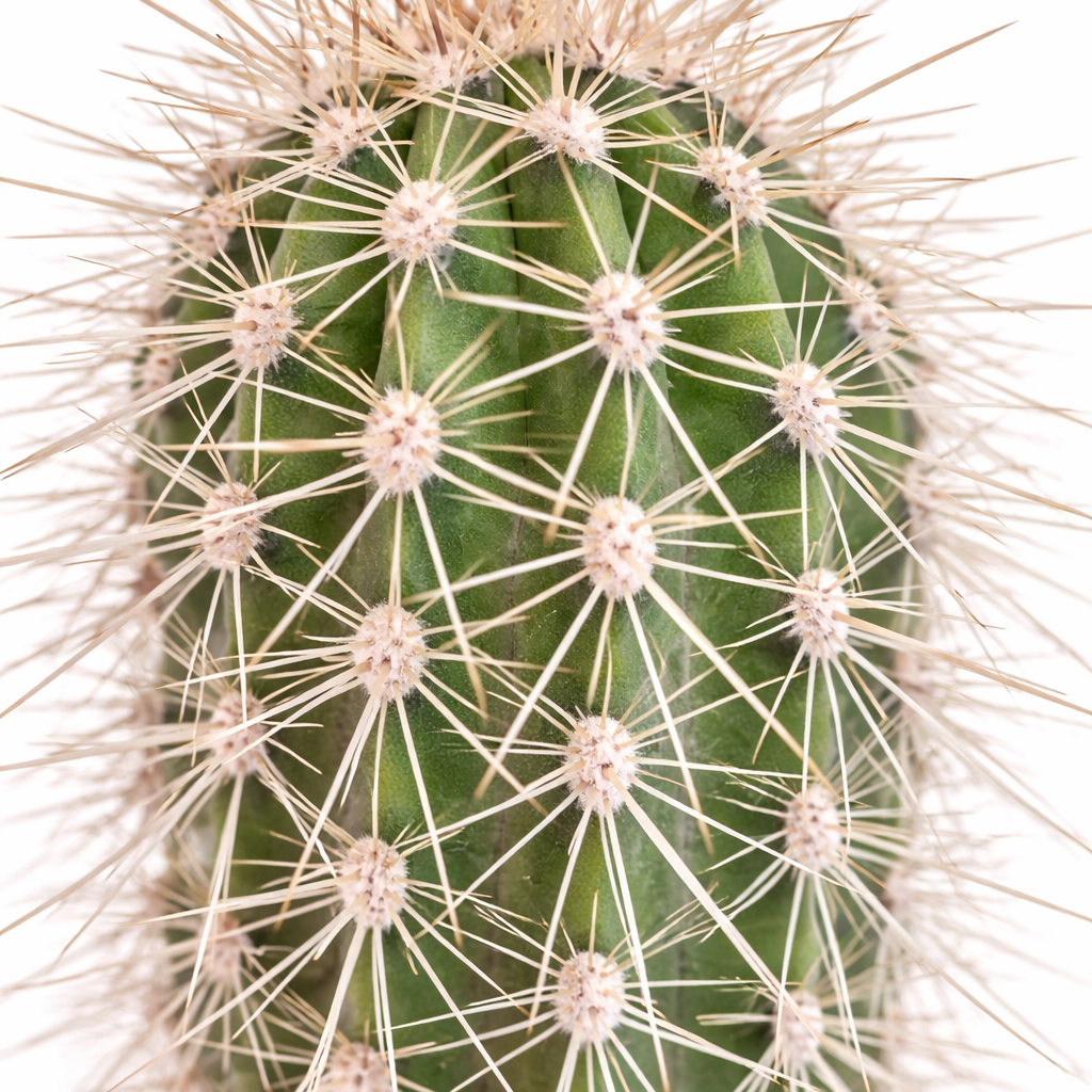 Close-up of a cactus with spines on a white background
